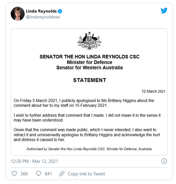 Linda Reynolds Tweet Apology