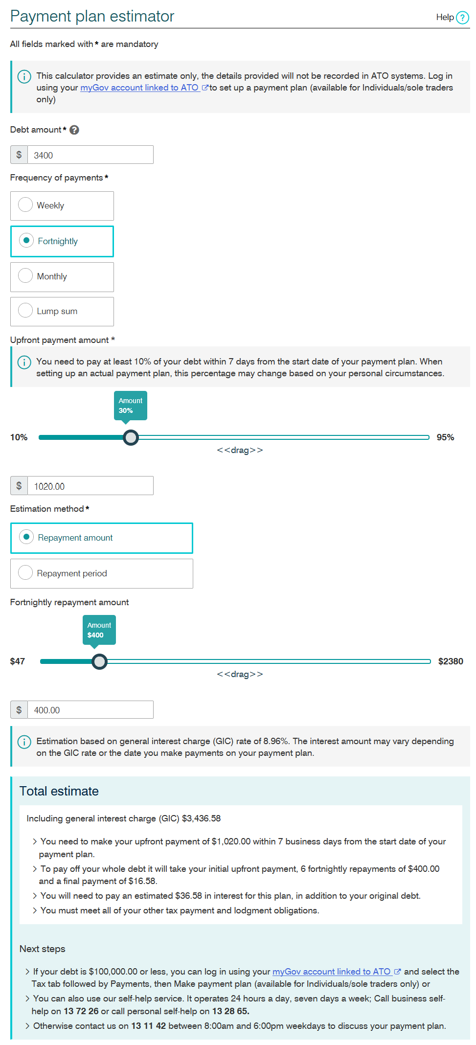 ATO Payment Plan Estimator