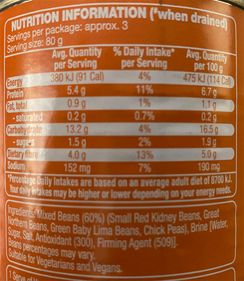Nutritional Information 4 Bean Mix